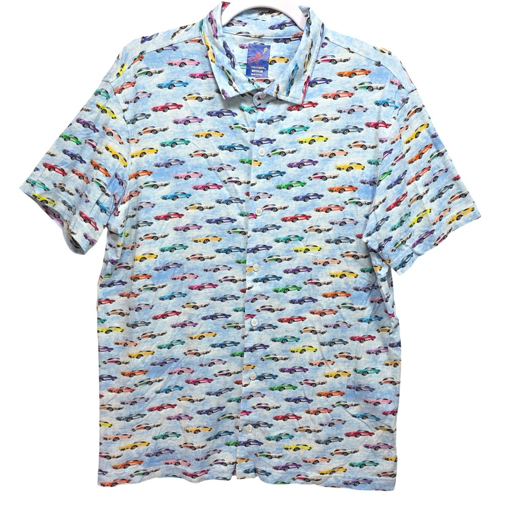 Michaels Mens M Pima Cotton Stretch Shirt Classic Cars Auto Print Peru Button